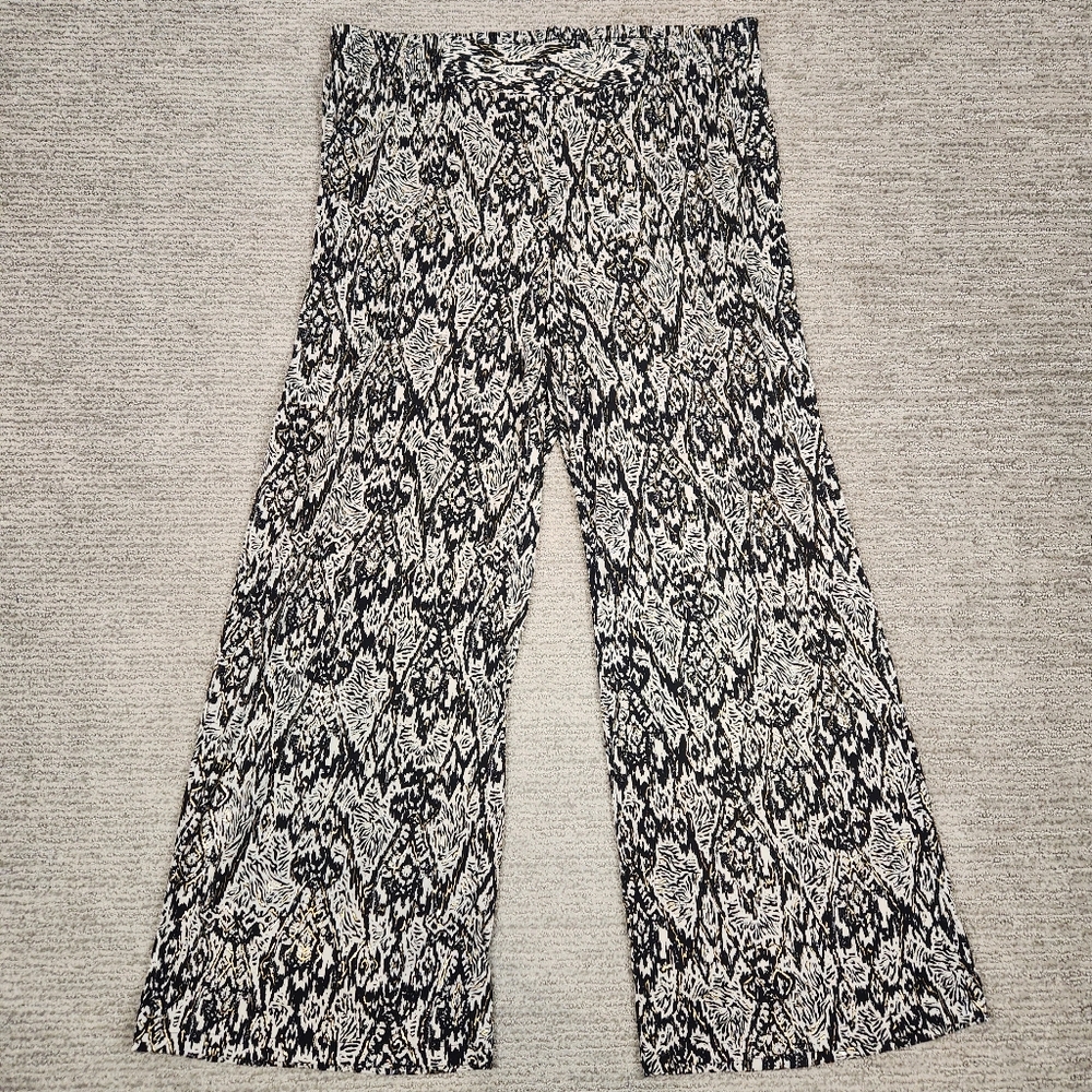 Iman Palazzo Pant Women Large Black Ivory Gold Shimmer Wide Leg Flowy Boho Loose